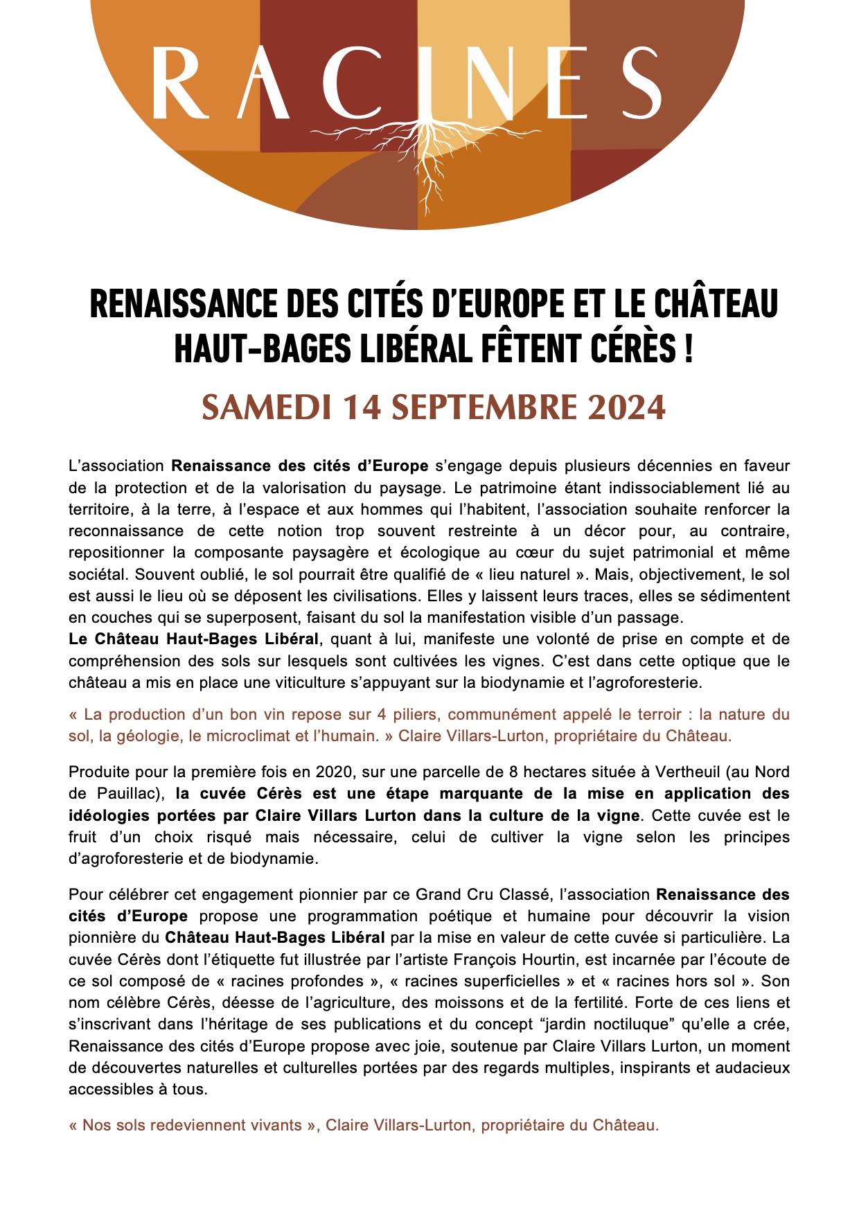 Programmation evenement racines au chateau haut bages liberal le 14 septembre